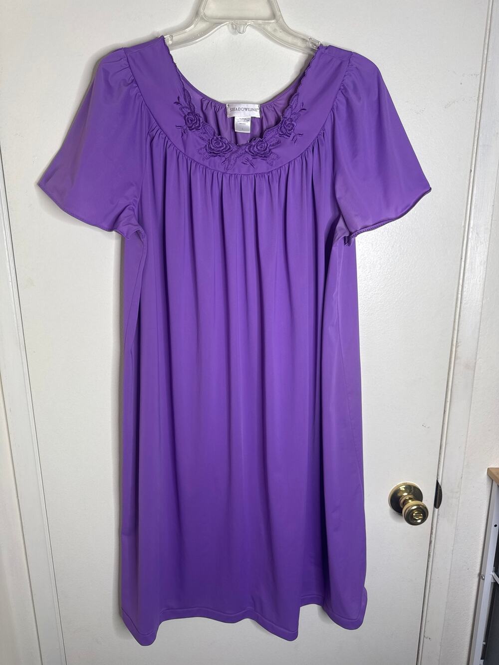 Vintage Shadowline Purple Nylon Tricot Nightgown Short Sleeve Floral Embroidery